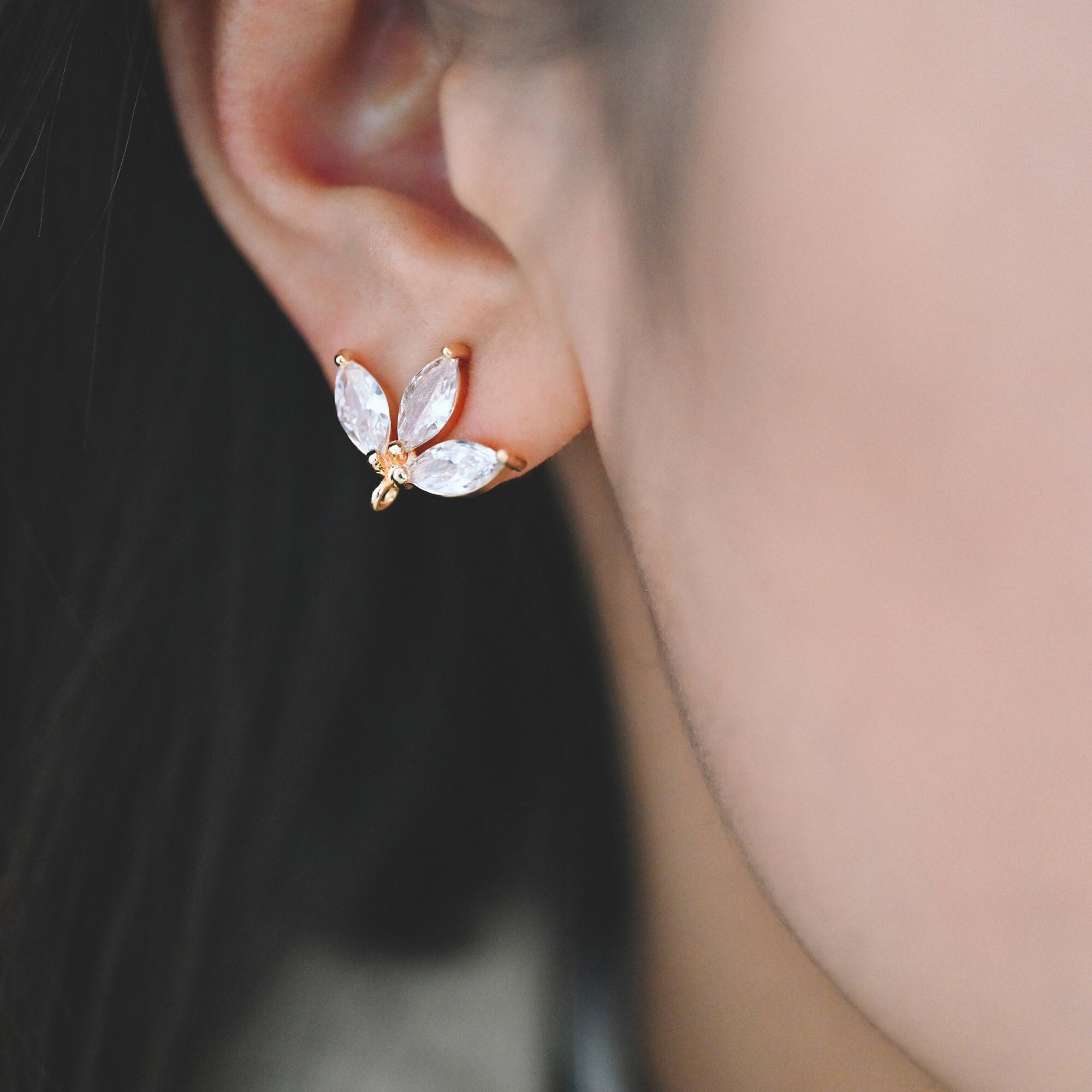 4pcs CZ Pave Gold/ Silver Tone leaf Earring with Loop 17x14mm, Dainty Studs, Leaves Earrings(#GB-1205-A)